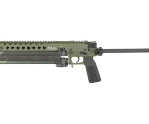 Olive-drab tactical firearm with folding stock on white background