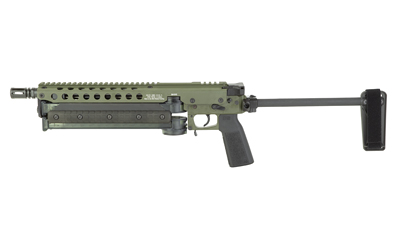 Olive-drab tactical firearm with folding stock on white background