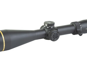 Black riflescope with adjustment turrets and gold accent ring