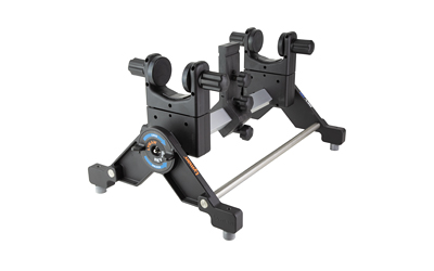 Adjustable black precision rifle shooting rest with silver support bar
