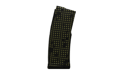 Black curved rifle magazine with perforated grid pattern