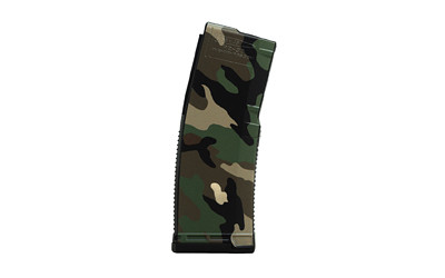 Camouflage-patterned rifle magazine isolated on white background