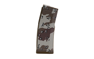 Camouflage-patterned rifle magazine on a white background