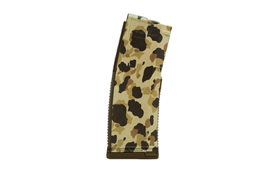 Camouflage-patterned curved rifle magazine on white background