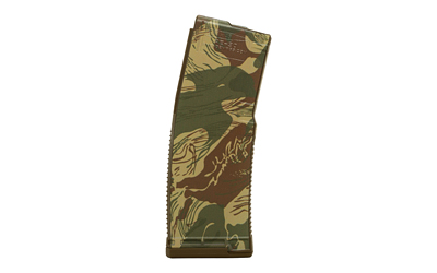Camouflage-patterned rifle magazine on white background