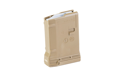 Tan polymer rifle magazine shown upright on white background