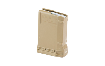 Tan polymer rifle magazine displayed upright on white background