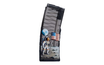 Curved rifle magazine decorated with astronaut, Earth, and American flag