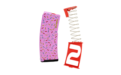 Pink sprinkle smartphone beside red spring-loaded phone stand