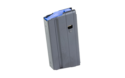 Gray rifle magazine with blue follower on white background