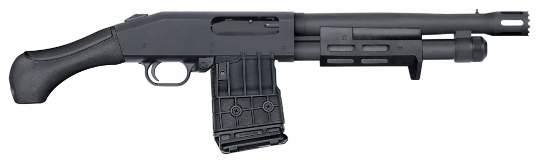 Black tactical semi-automatic shotgun with detachable magazine