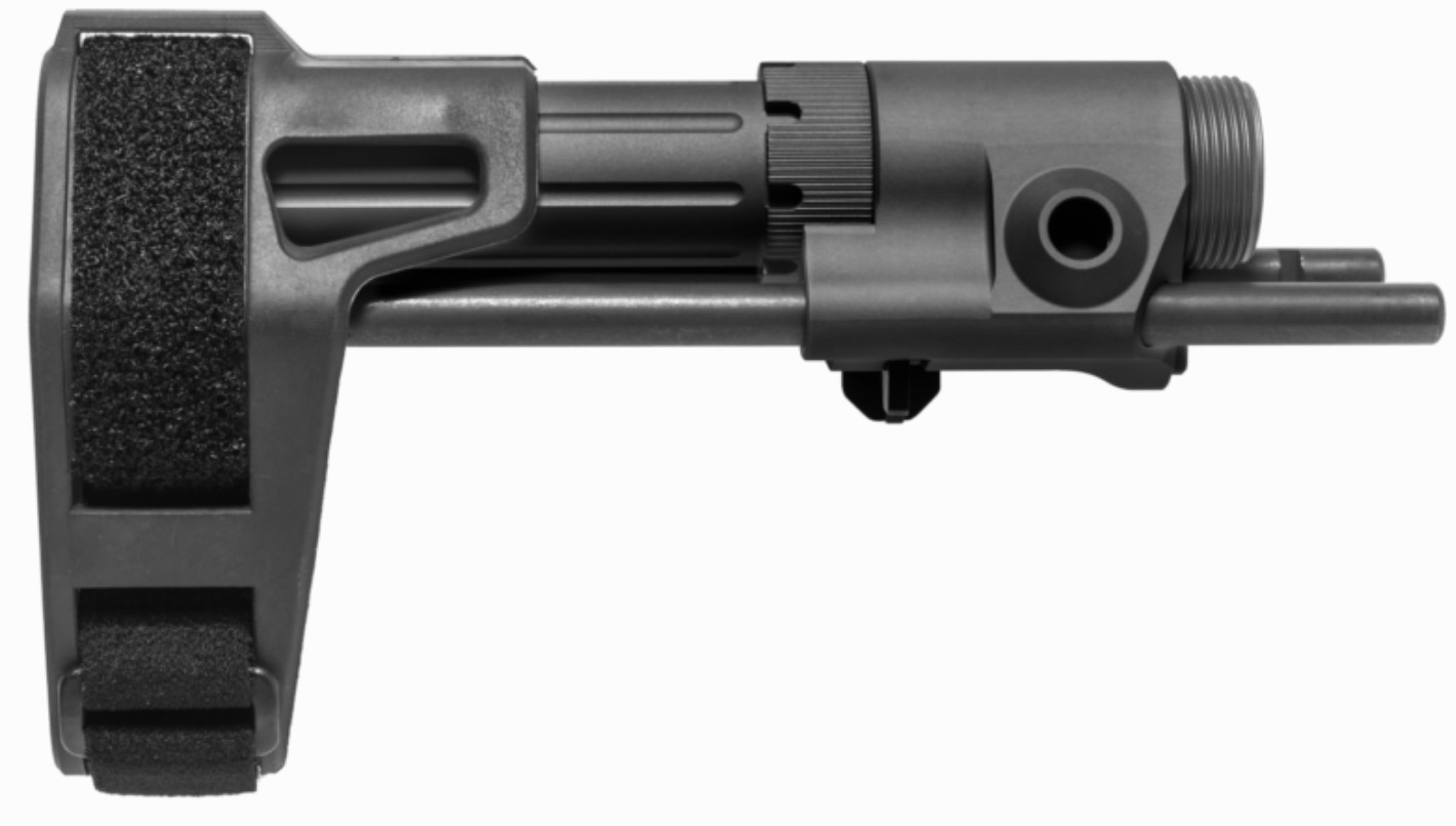 Black adjustable tactical firearm brace with Velcro strap