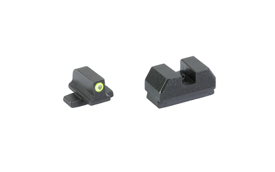 Two black firearm sights with green fiber optic insert