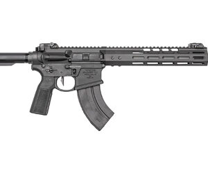 Black AR-style rifle with curved magazine on white background