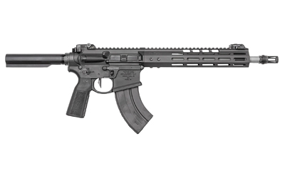 Black AR-style rifle with curved magazine on white background