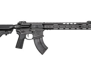 Black tactical rifle with collapsible stock and curved magazine