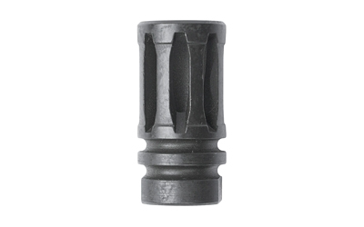 Black steel flash hider muzzle device on white background