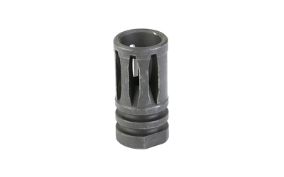 Black metal slotted muzzle device on white background