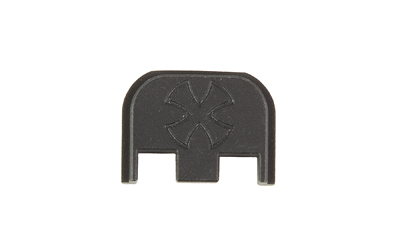 Black plastic rectangular cap with cross-shaped embossed symbol