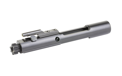 Gray metal firearm bolt carrier assembly on white background