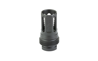 Black cylindrical firearm muzzle brake with vented ports