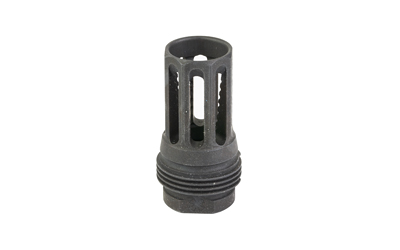 Black cylindrical slotted firearm muzzle device on white background