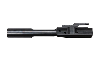Black metal firearm bolt carrier assembly on white background
