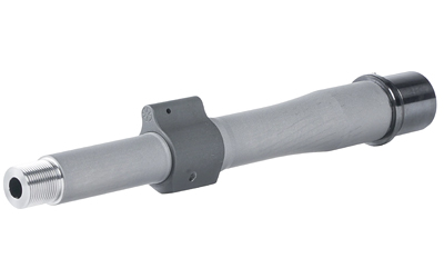 Gray firearm barrel with threaded muzzle and gas block