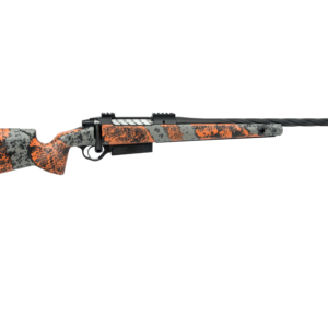 Close-up of orange and gray camouflaged rifle
