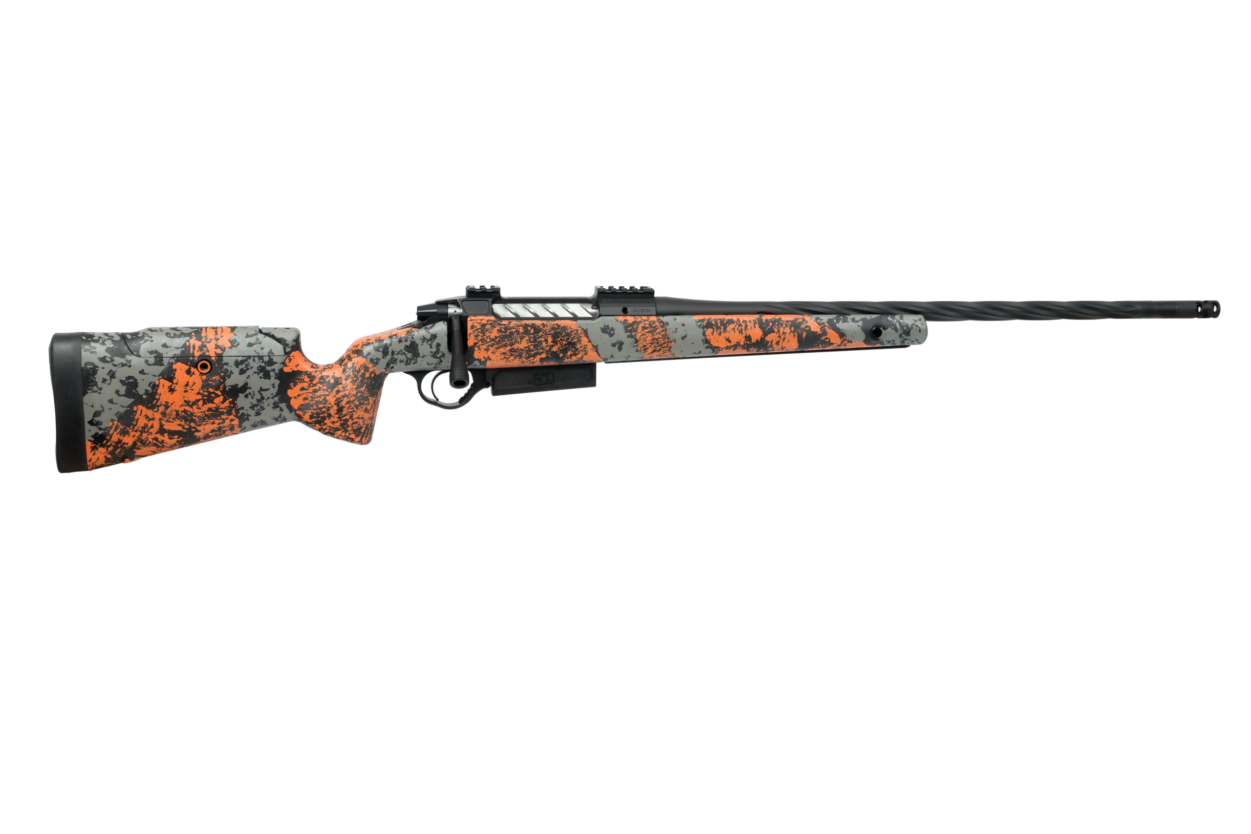 Close-up of orange and gray camouflaged rifle