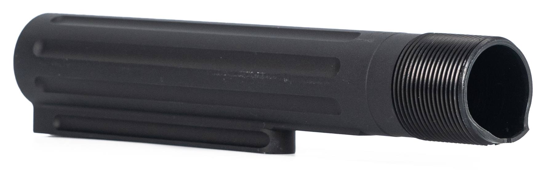 Black threaded firearm buffer tube with mounting rail