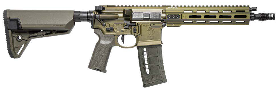 Olive-drab AR-style semi-automatic rifle with adjustable stock