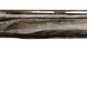 Camouflage-patterned semi-automatic shotgun shown in side profile