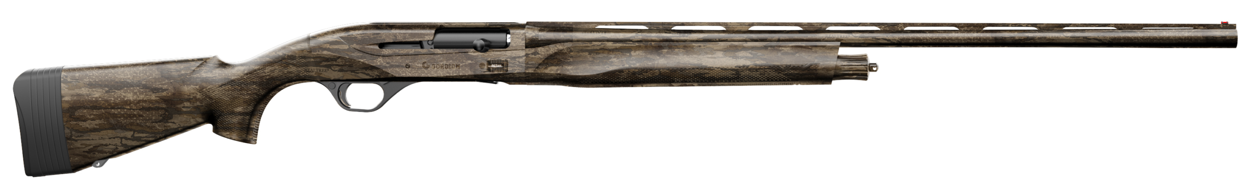 Camouflage-patterned semi-automatic shotgun shown in side profile