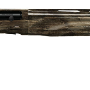 Camouflage-patterned bolt-action rifle with black synthetic components