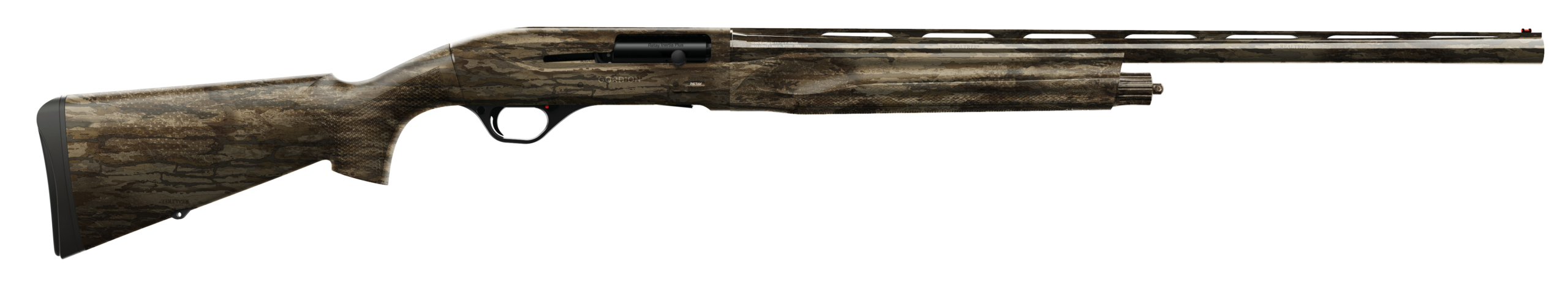 Camouflage-patterned bolt-action rifle with black synthetic components