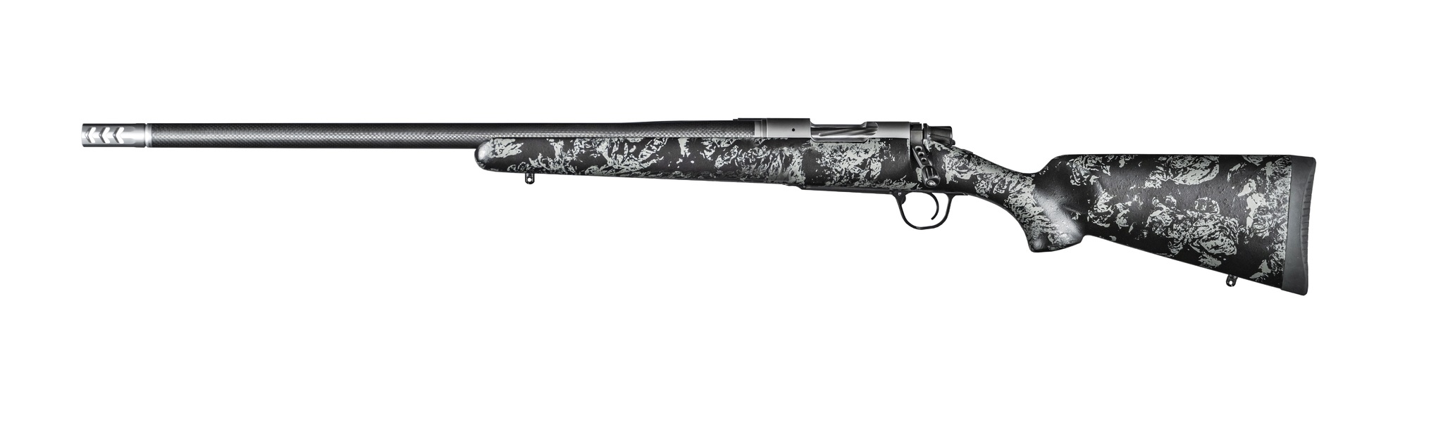 Black-and-white camouflaged bolt-action rifle on white background
