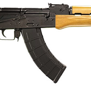 AK-style rifle with wooden stock and curved magazine
