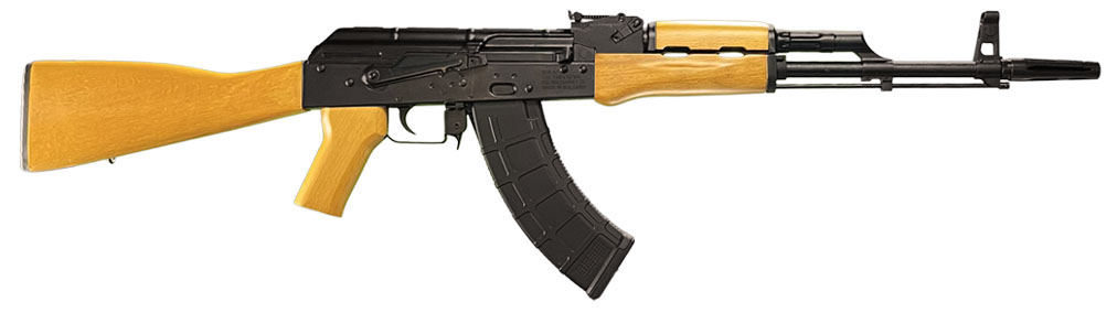 AK-pattern rifle with wooden stock and curved magazine