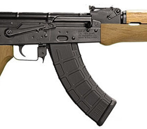 AK-style rifle with wooden stock and curved magazine