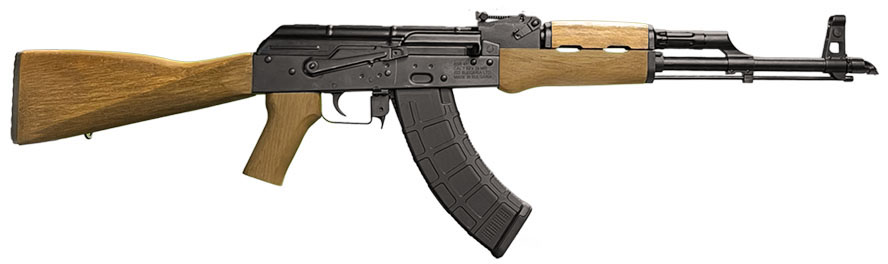 AK-style rifle with wood furniture and curved magazine