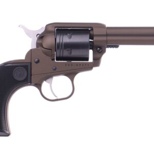 Brown single-action revolver with black grip on white background