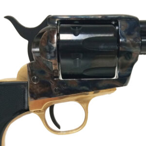 Close-up of a black revolver with gold trigger guard