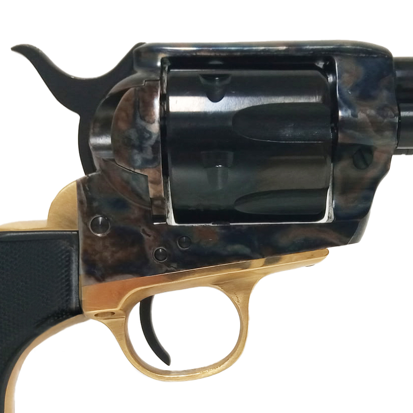 Close-up of revolver cylinder, hammer, and gold trigger guard