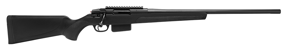 Black bolt-action rifle with synthetic stock on white background