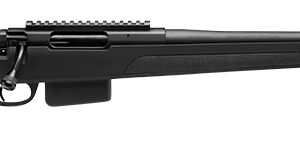 Black bolt-action rifle with synthetic stock and long barrel