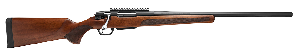 Bolt-action rifle with wooden stock and black barrel