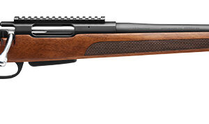 Side view of bolt-action rifle with wooden stock