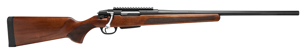 Bolt-action rifle with wooden stock and black barrel