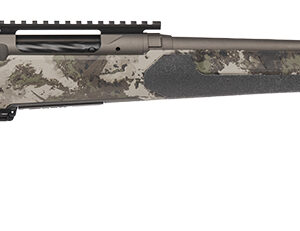 Camouflage bolt-action rifle with scope rail and muzzle brake